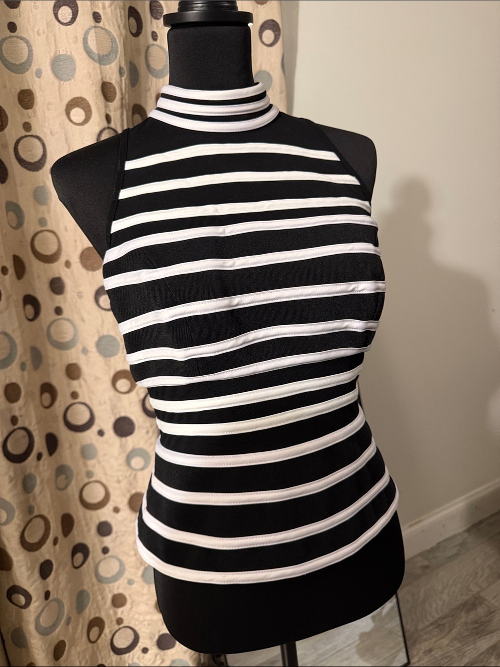 JS Collections Black and White Striped Mock Neck Tank